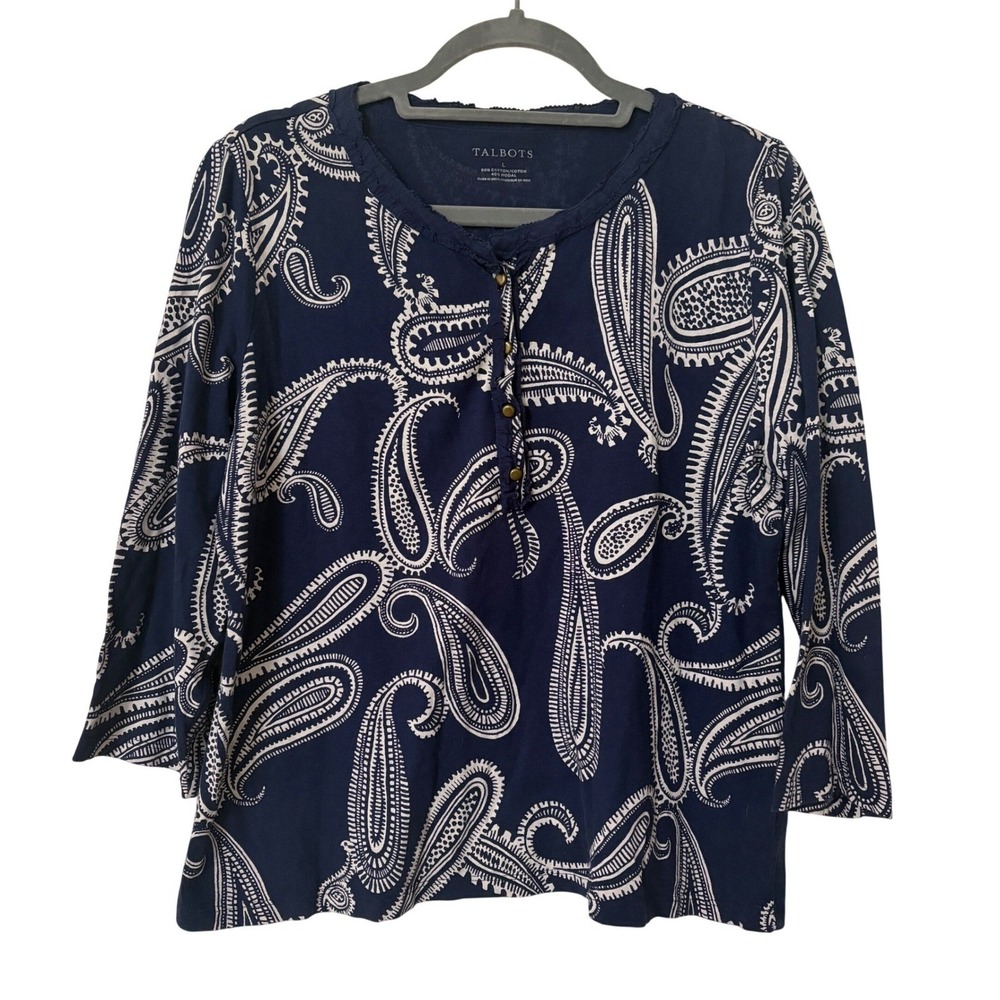 Talbots Womens Large Henley Top Navy Blue White Paisley 3/4 Sleeve Cotton Modal